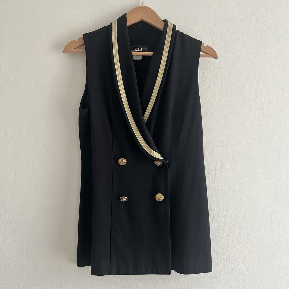 J.S.J Black Sleeveless Long Double-Breasted Vest Blazer Gold Buttons